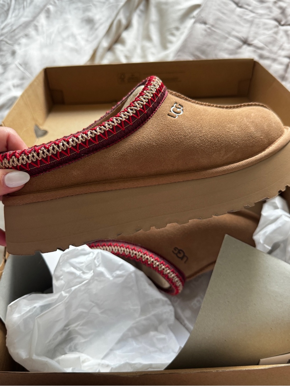 UGG Chestnut Suede Platform Clogs with Red Trim - Picture 3 of 5